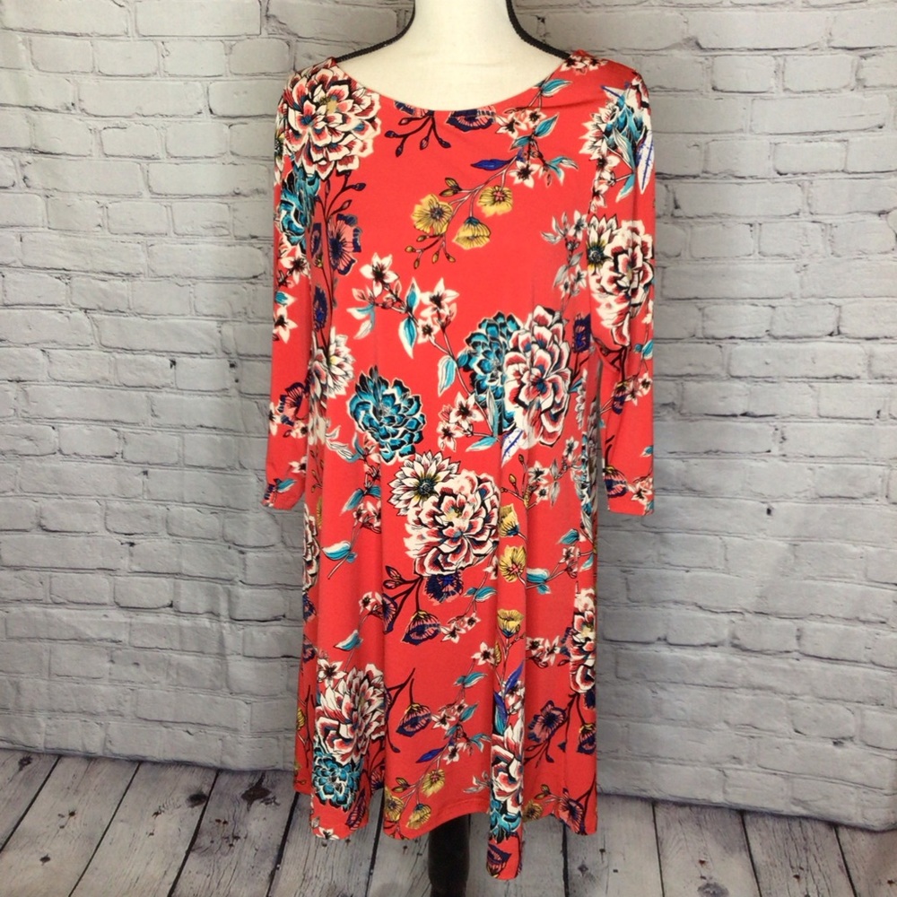 Roz & Ali Red Floral Print Jersey Knit Trapeze Dress Large NWT